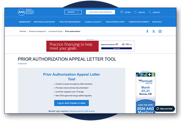 Licensing program prior authorization appeal letter tool offering | American Academy of Dermatology
