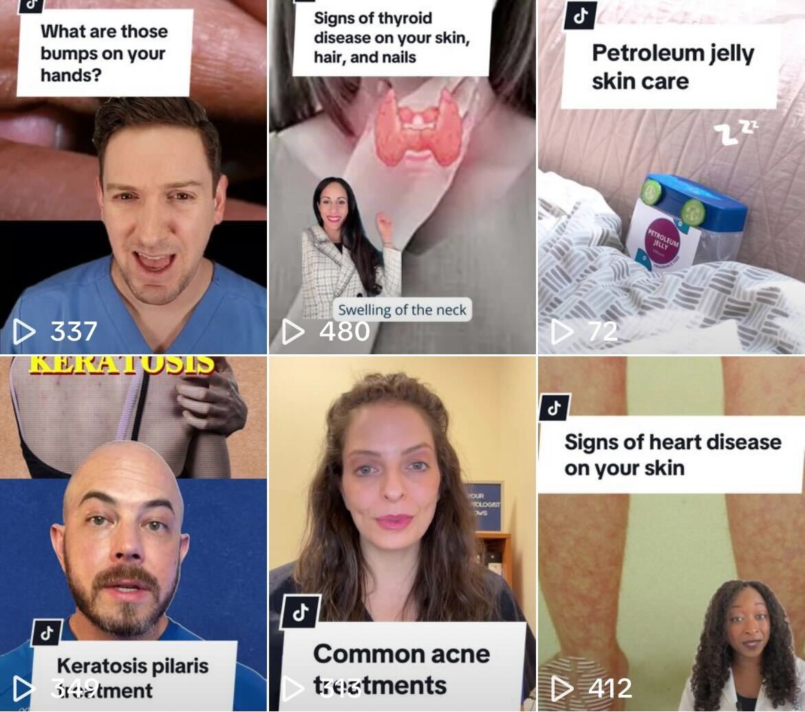 Screenshots of November Your Dermatologist Knows posts on TikTok