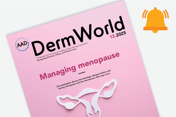 Cover image for DermWorld December 2025, showing a pink cover with stencil art of a uterus and ovaries and the words 