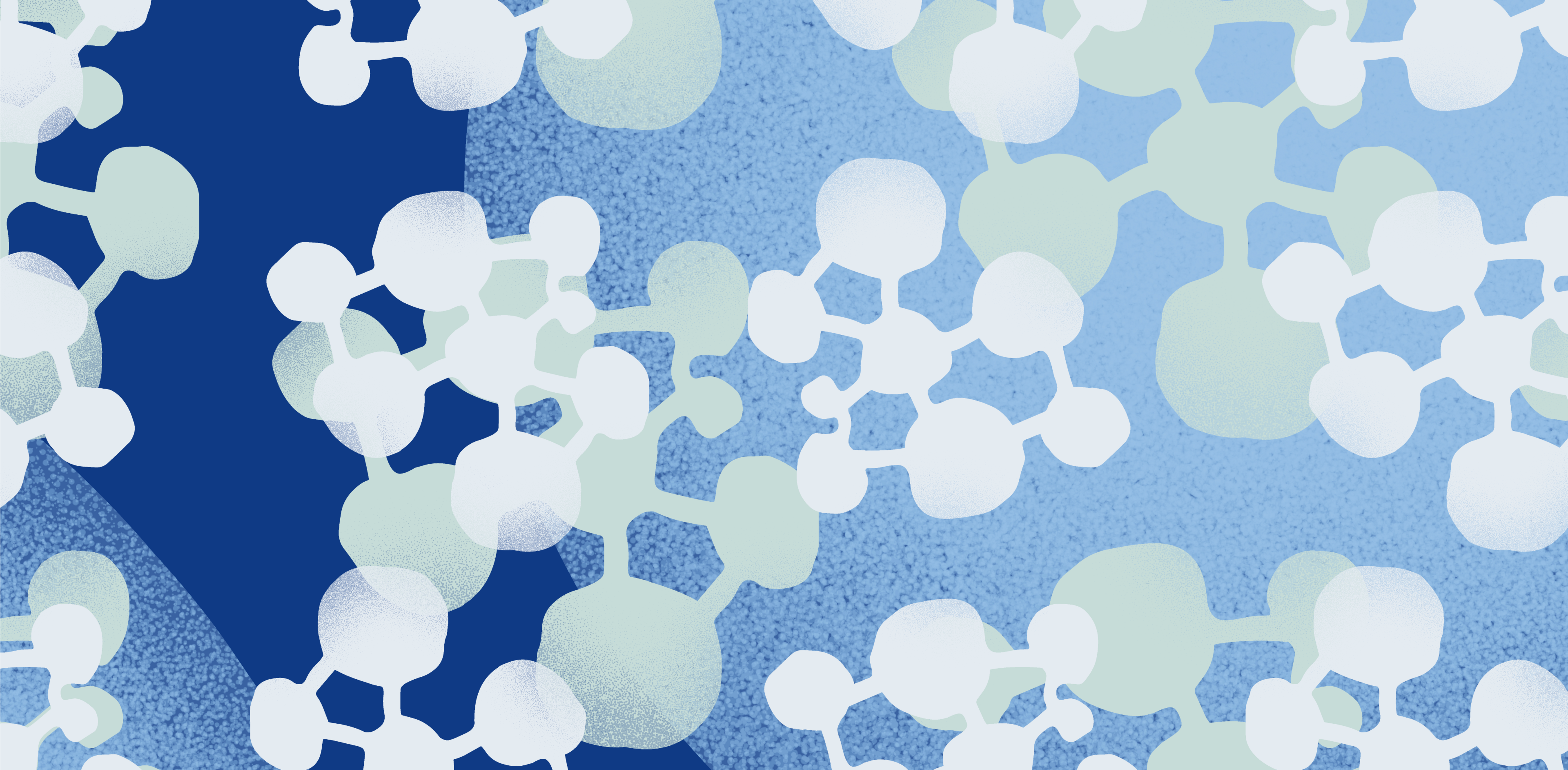 Decorative Lilly pattern of molecular-like organic shapes in blue, grey and white.