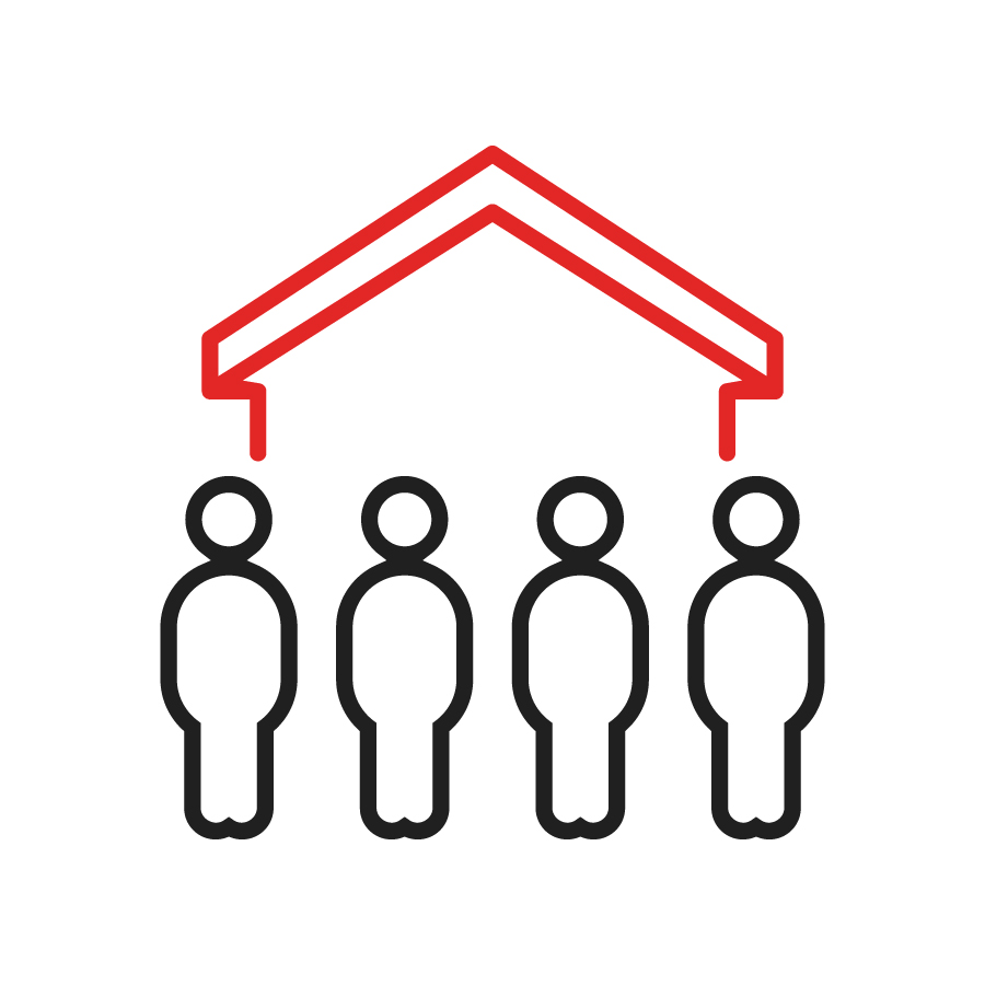 People standing in front of a house icon