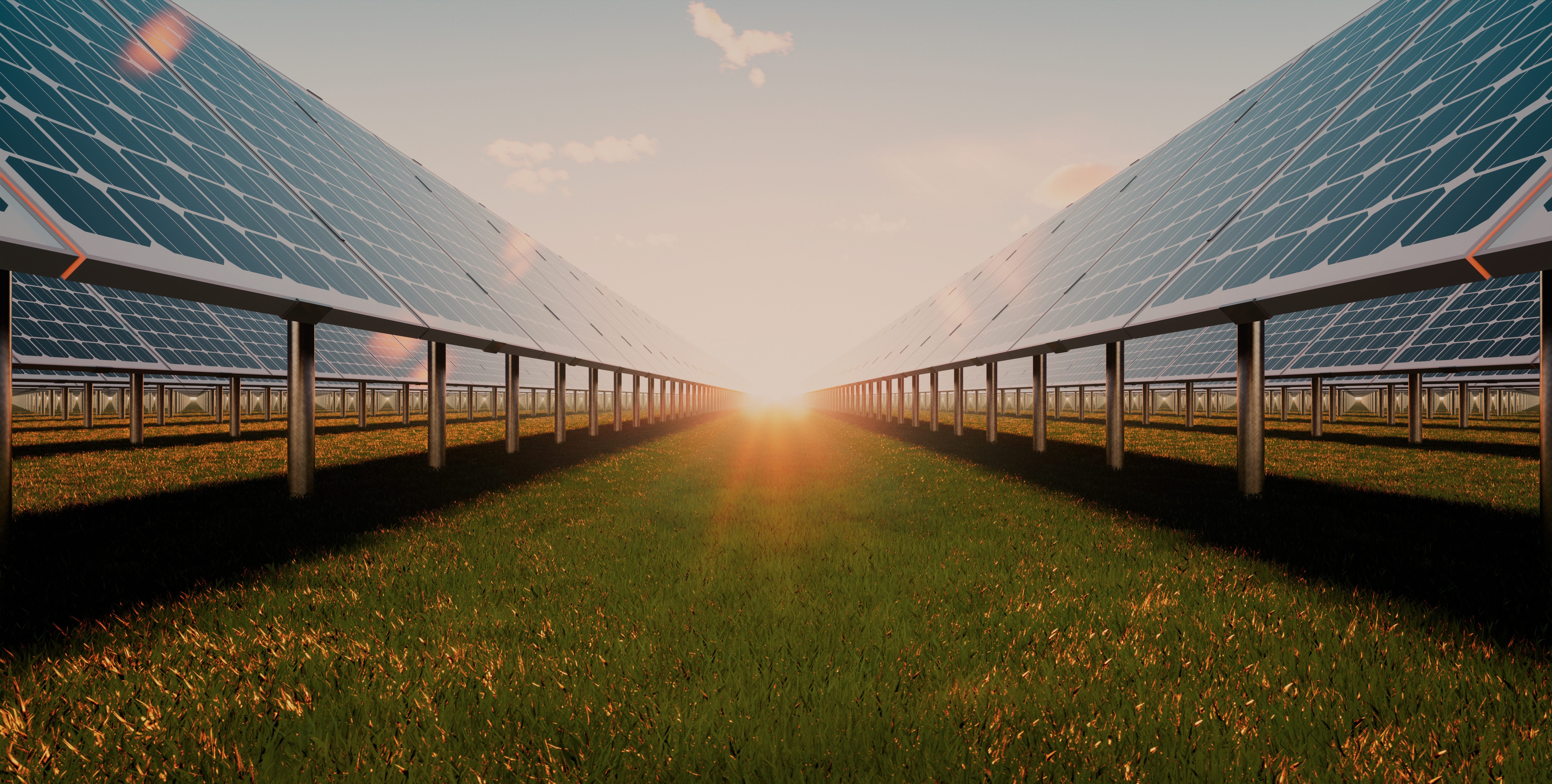 Solar panels in a field with the sun in the center