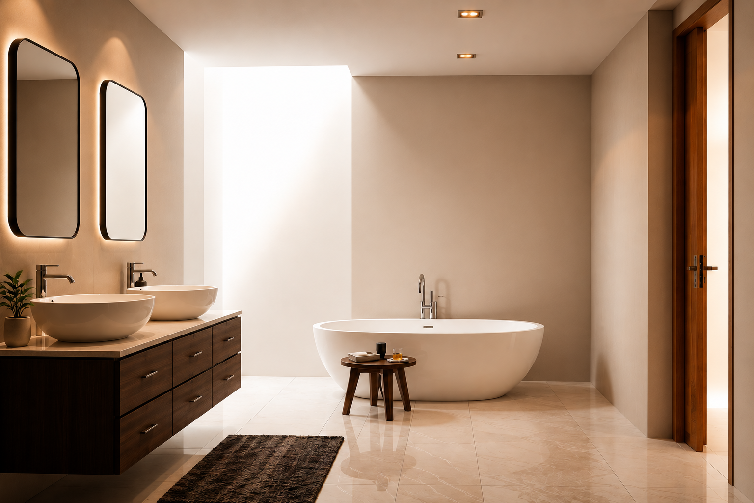 Bathroom in warm stone tones with a twin vanity