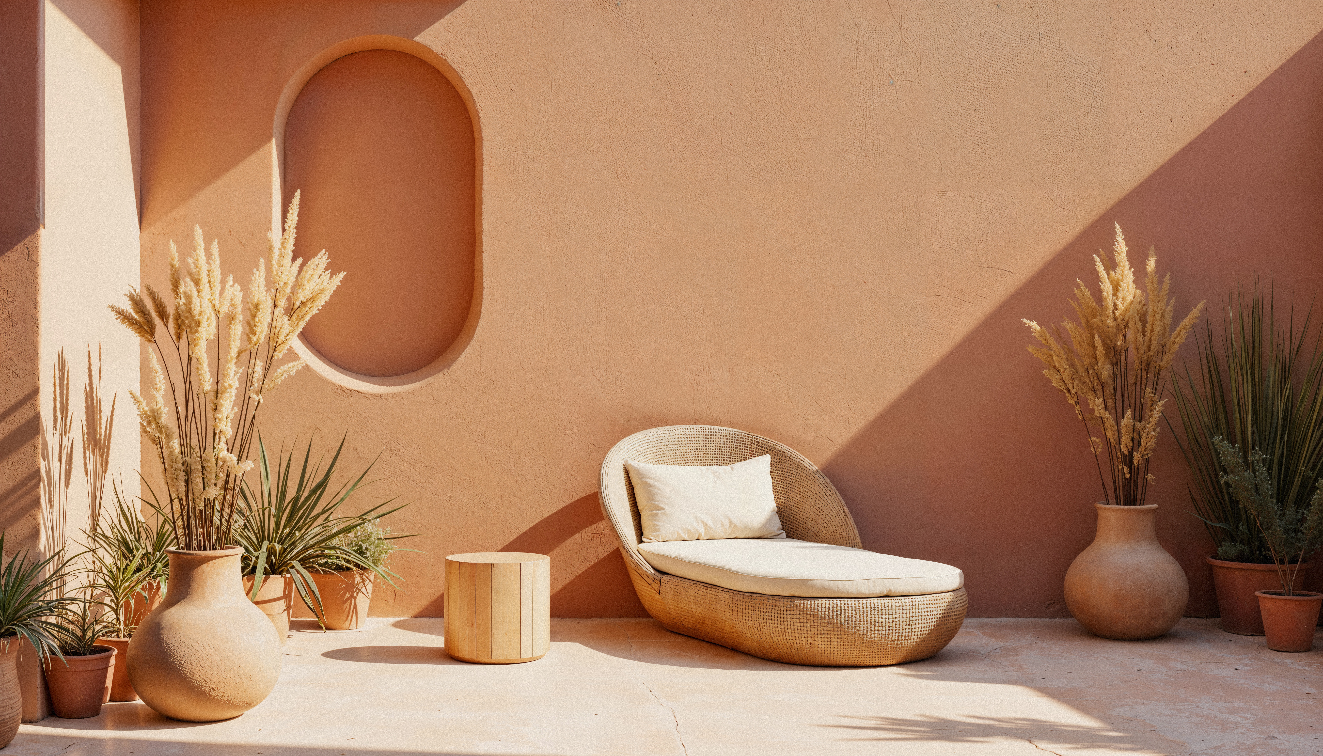 Terracotta-painted terrace with warm tones and planting