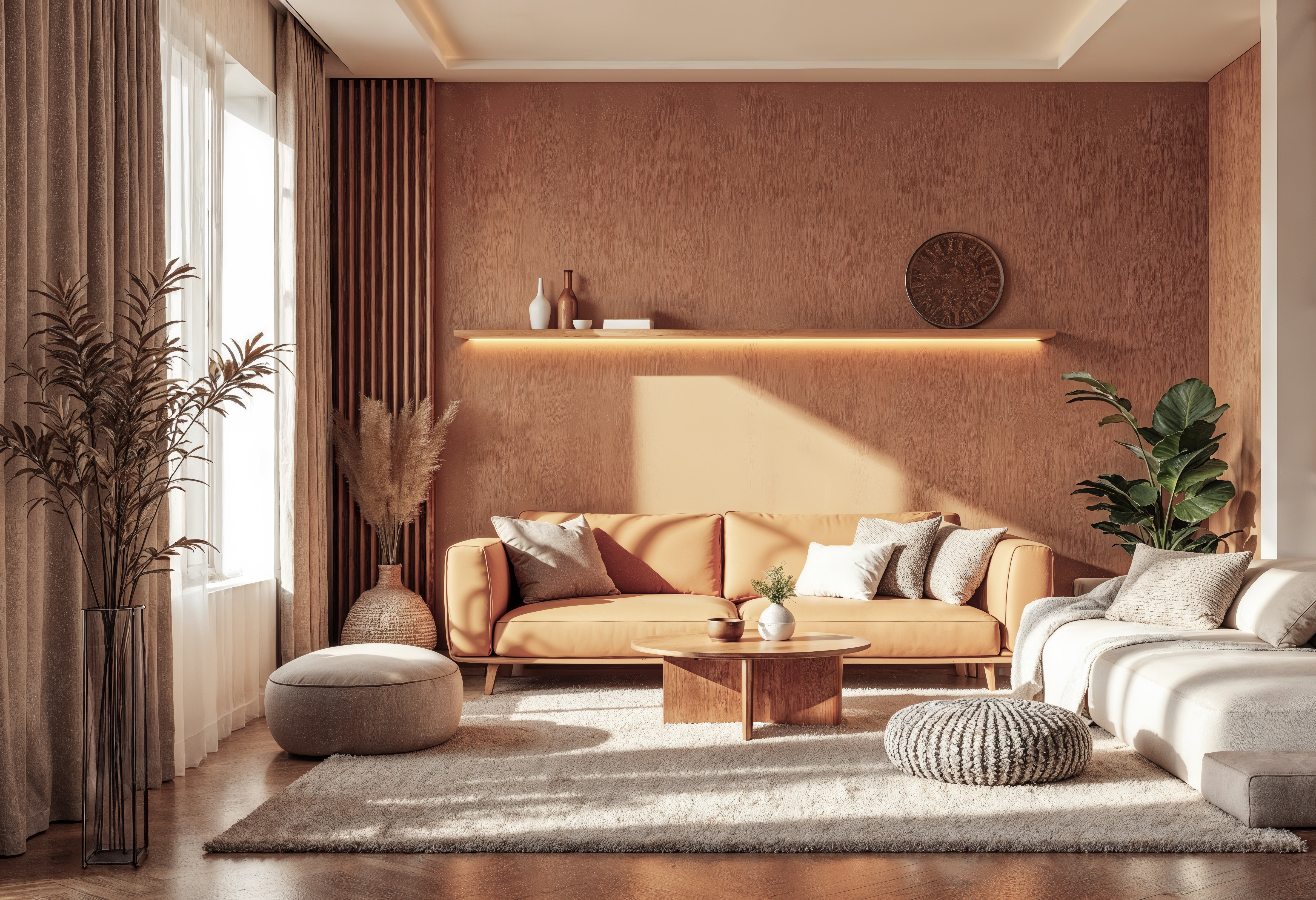 Warm terracotta wall with layered neutral furnishings