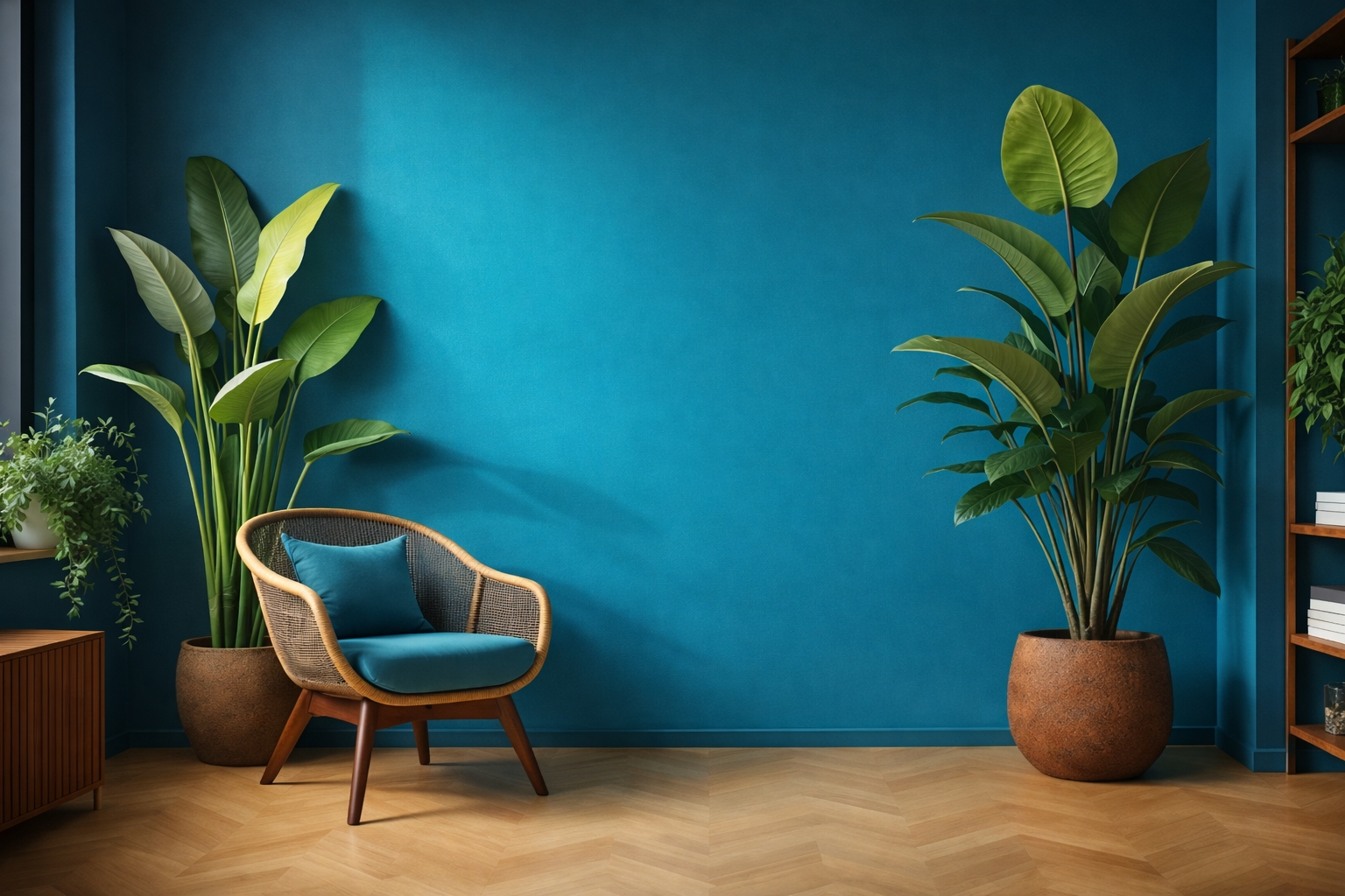 Living room with a deep teal wall and a rattan armchair