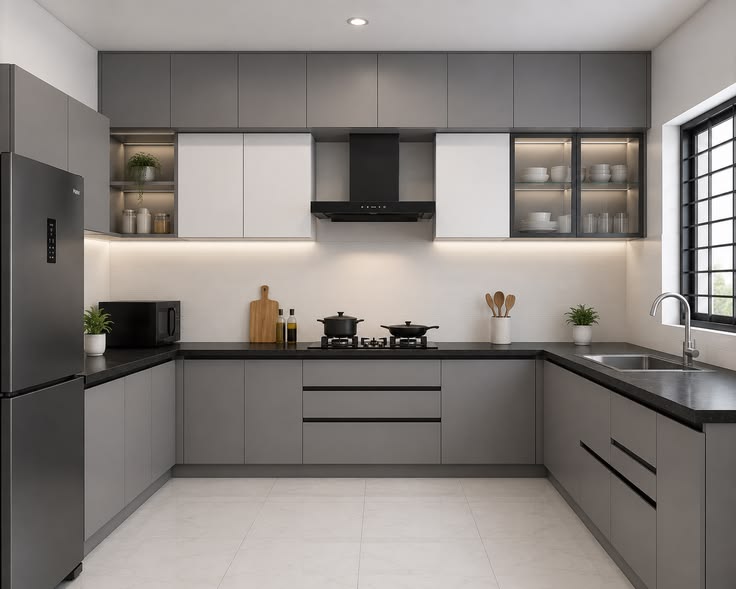 Modern kitchen with grey and white shaker units