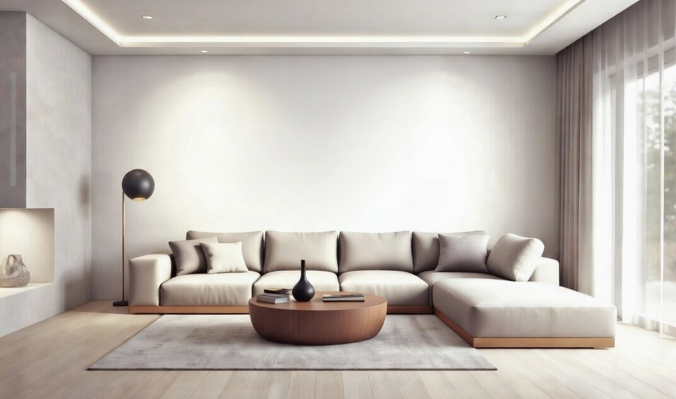 Bright living room with a beige sectional sofa and white walls