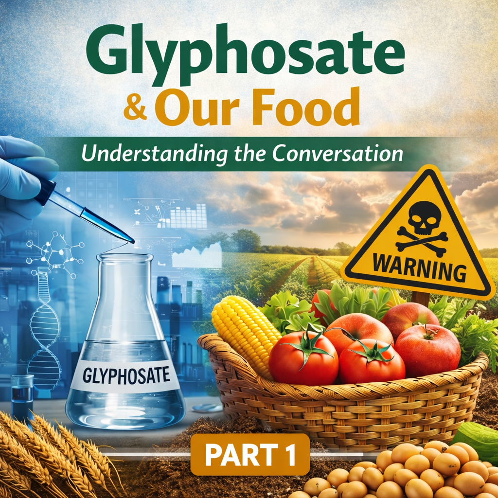 A scientist holds a dropper over a beaker labeled Glyphosate beside a basket of produce, a warning sign, and the title Glyphosate & Our Food: Part 1.