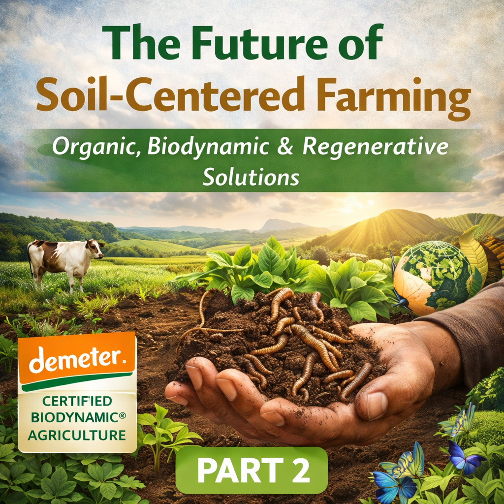 A hand holding soil with worms is in the foreground; a cow, farm fields, plants, and a globe are in the background. Text promotes soil-centered, organic, and regenerative farming.