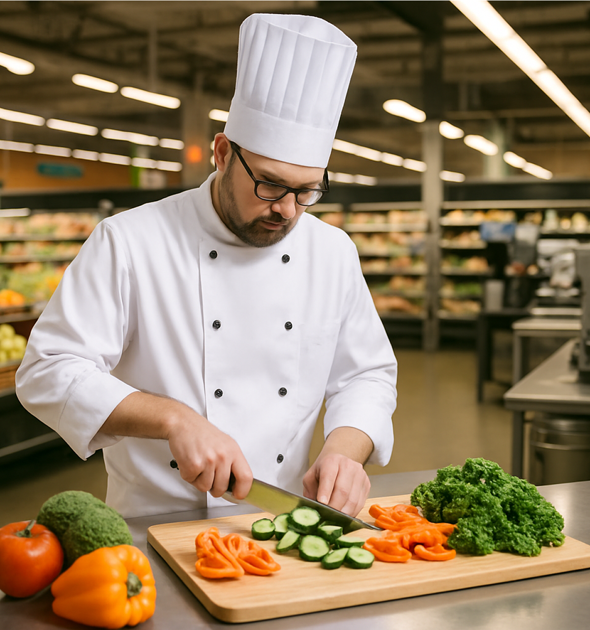 Chef in white uniform and hat slicing cucumbers on a cutting board with bell peppers, tomatoes, broccoli, and kale in a grocery store or market setting.