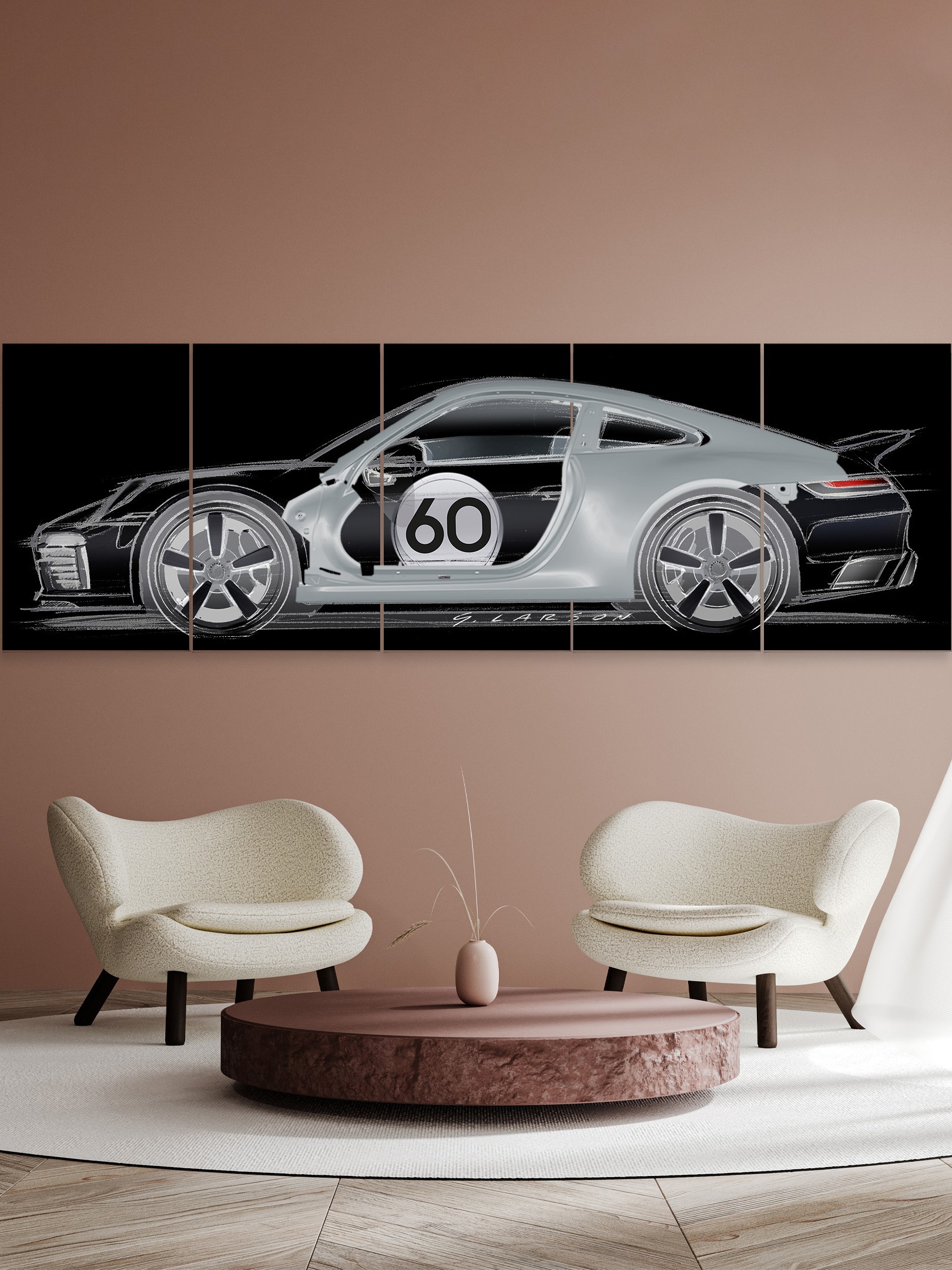 Wall art of a silver Porsche with number 60, displayed in a modern room with beige chairs and a round table.