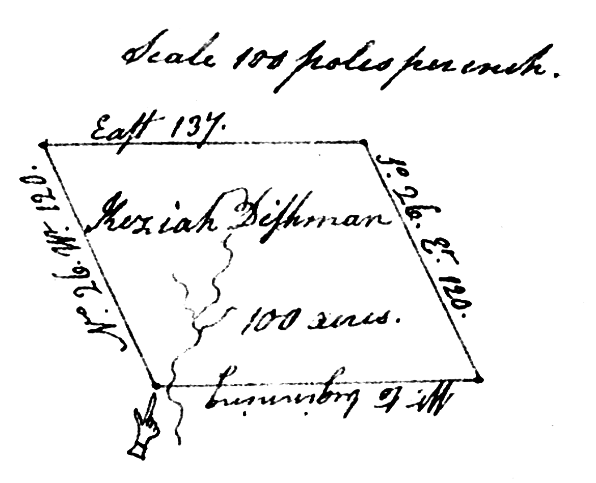 Map of Kizzie Dishman's 100 acre land grant located in Iredell County, North Carolina at the dropping off branch of Rocky Creek