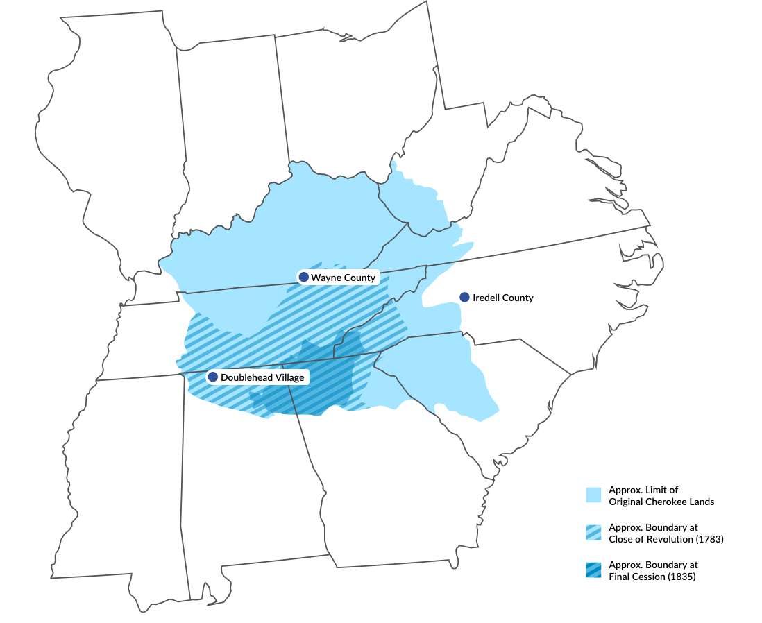 Map of Cherokee lands; Original limit, post Revolutionary War, and Final Cession. Iredell and Wayne counties, homes of Kizzie Dishman, and Chief Doublehead’s village circa 1800 are also marked.