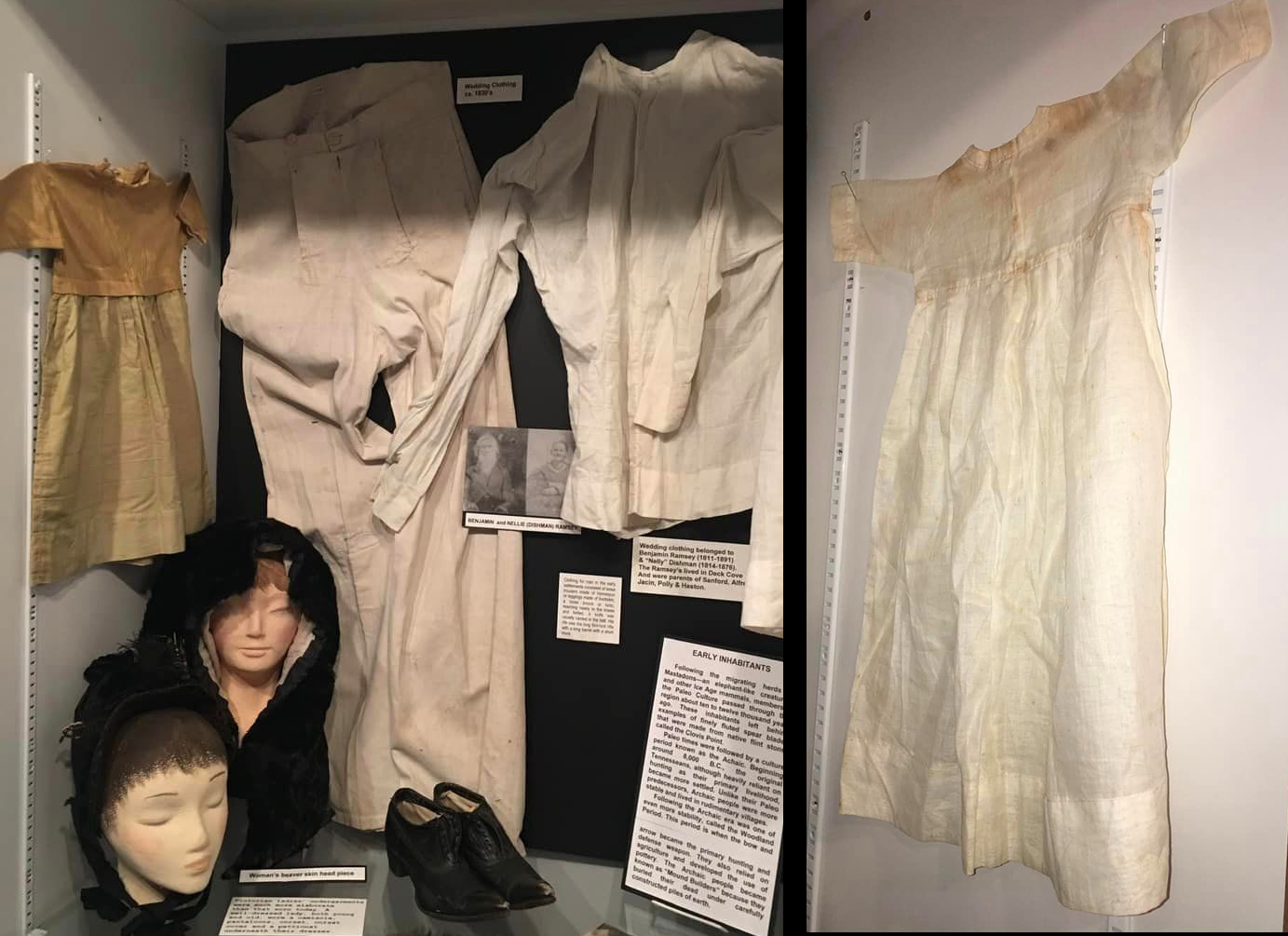 Benjamin and Nellie’s wedding attire on display at the Overton County Historical Museum