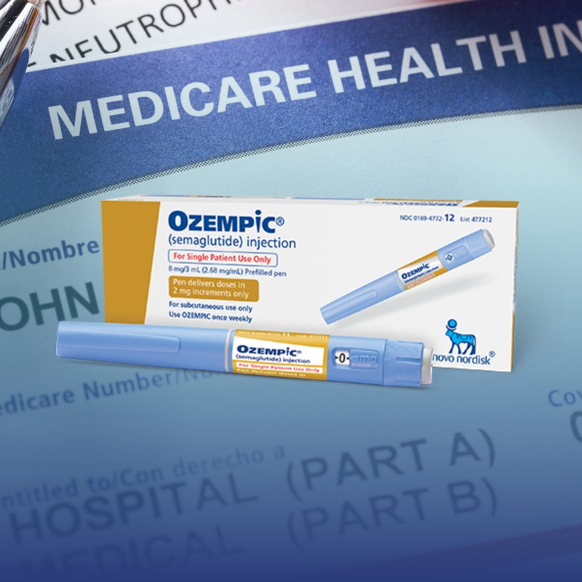 ozempic box and medication with medicare insurance card in background
