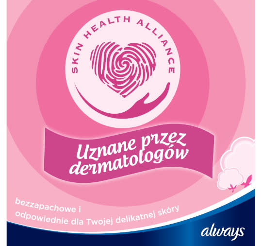 Na  różowym tle znajduje się logo Skin Health Alliance i napis: Uznane przez dermatologów. Niżej jest napisane: always.