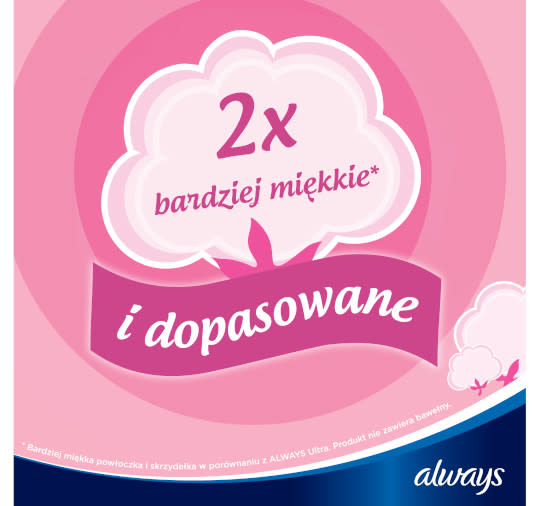 W środku różowych okręgów znajduje się napis: 2 x bardziej miękkie i dopasowane. Niżej jest napisane: always.