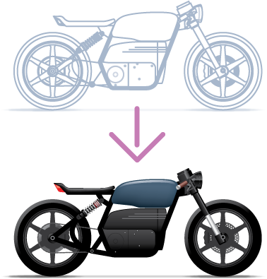 a basic drawing of a motorcycle with an arrow pointing from it to a more detailed version of it