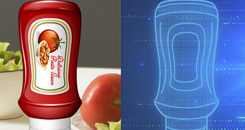 ketchup bottle next to a wireframe version of a ketchup bottle