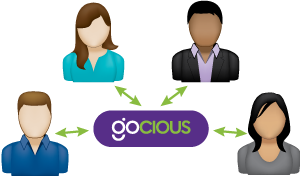 people around gocious logo with arrows pointing between them and the logo