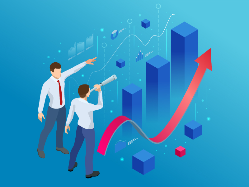 one person pointing at growing bar graphs while another looks onward