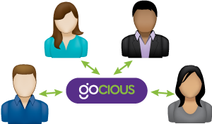 people around gocious logo with arrows between them and the logo