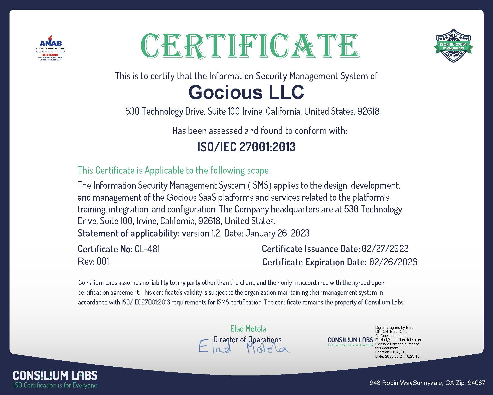ISO/IEC 27001:2013 signed certificate
