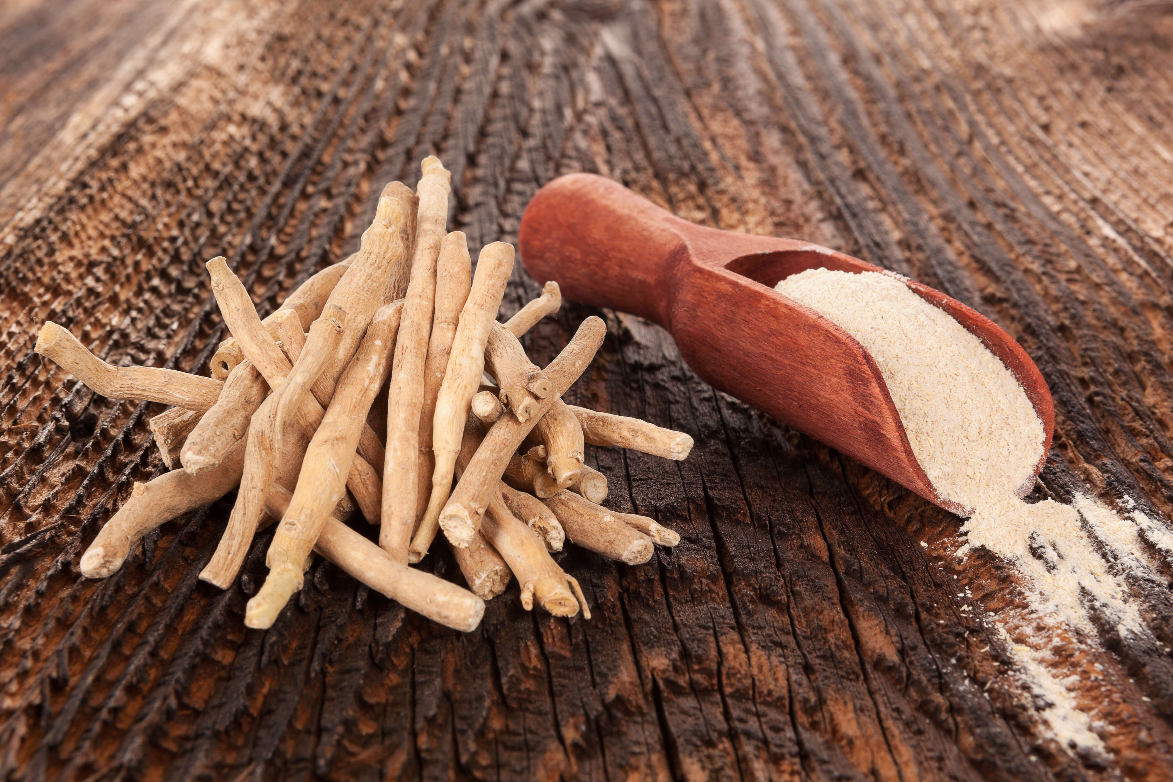 Ashwagandha for Dogs: A Nature-Based Solution for Stress 2 A wooden table with Ashwagandha for Dogs root and powder on top of it.