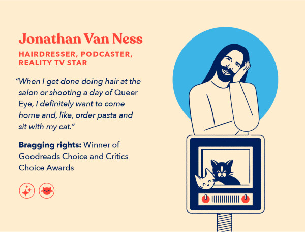 an illustration portraying Queer Eye’s Jonathan Van Ness as a cat lady, posing above his cats during a CATV Mews segment