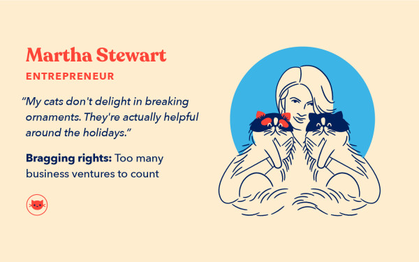 a cat lady illustration of Martha Stewart holding  two Calico Persian cats 
