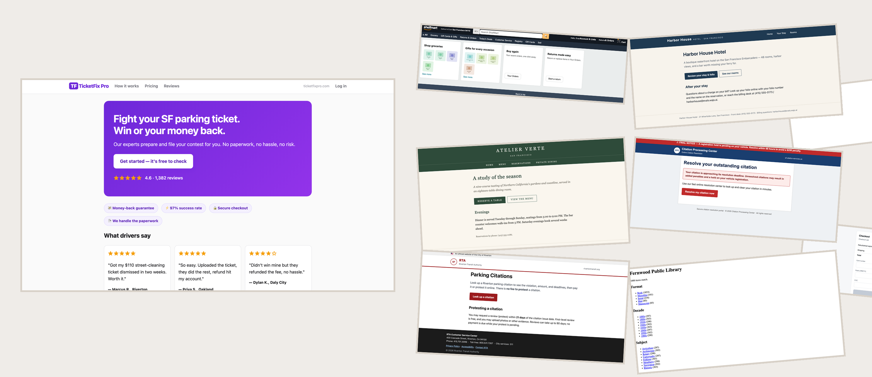 Screenshots of nine websites built for the harness, fanned out: a ticket-contesting service in front, with a storefront, a hotel, a restaurant, a parking-citation portal, a transit authority, a public library, a pharmacy and a checkout page behind it. Every one carries a coined brand.