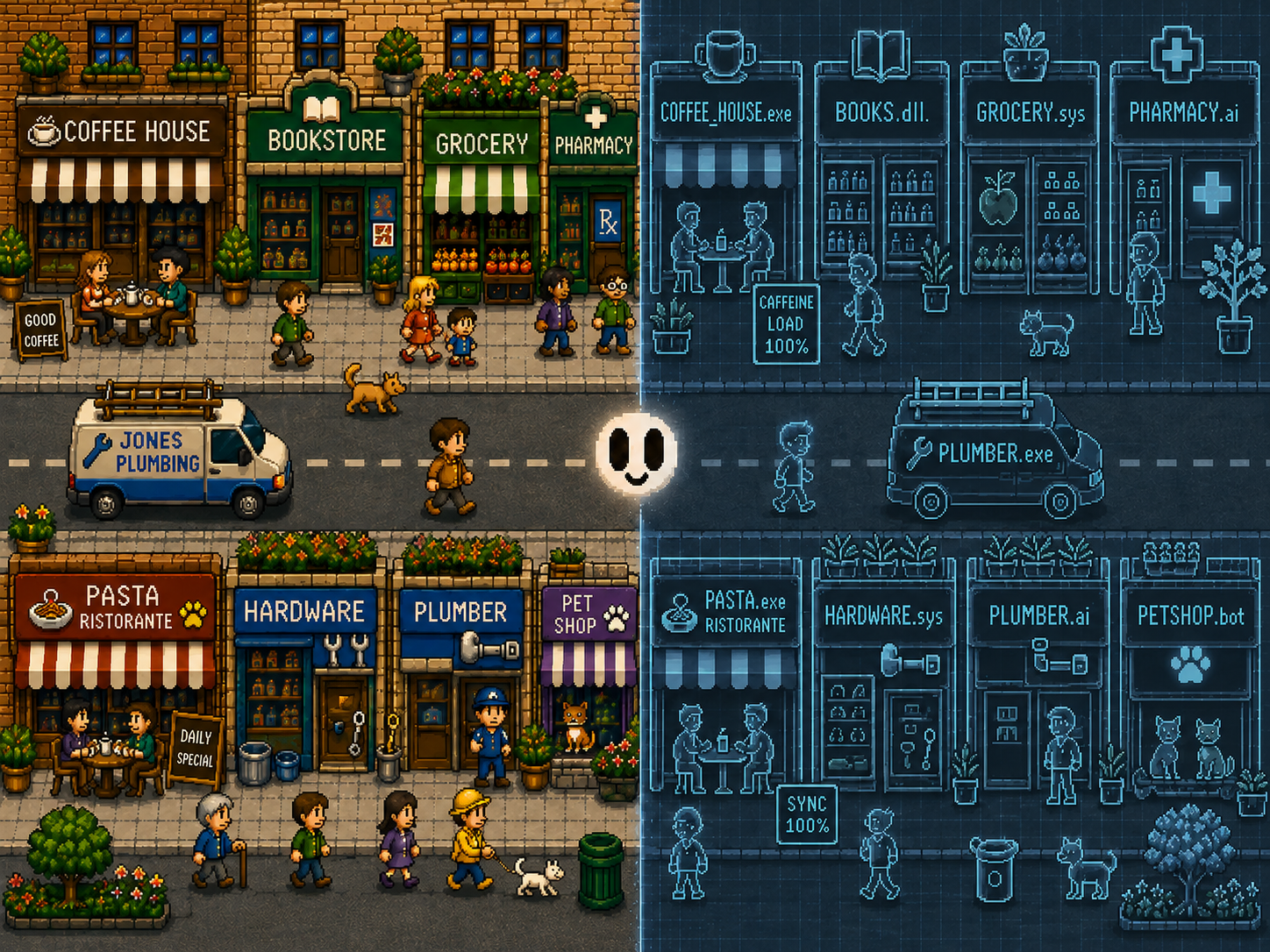 A pixel-art street scene split down the middle. On the left a warm, ordinary high street of shops; on the right the same street redrawn as a blue blueprint, its shopfronts renamed as software files. Fo stands on the dividing line between them.