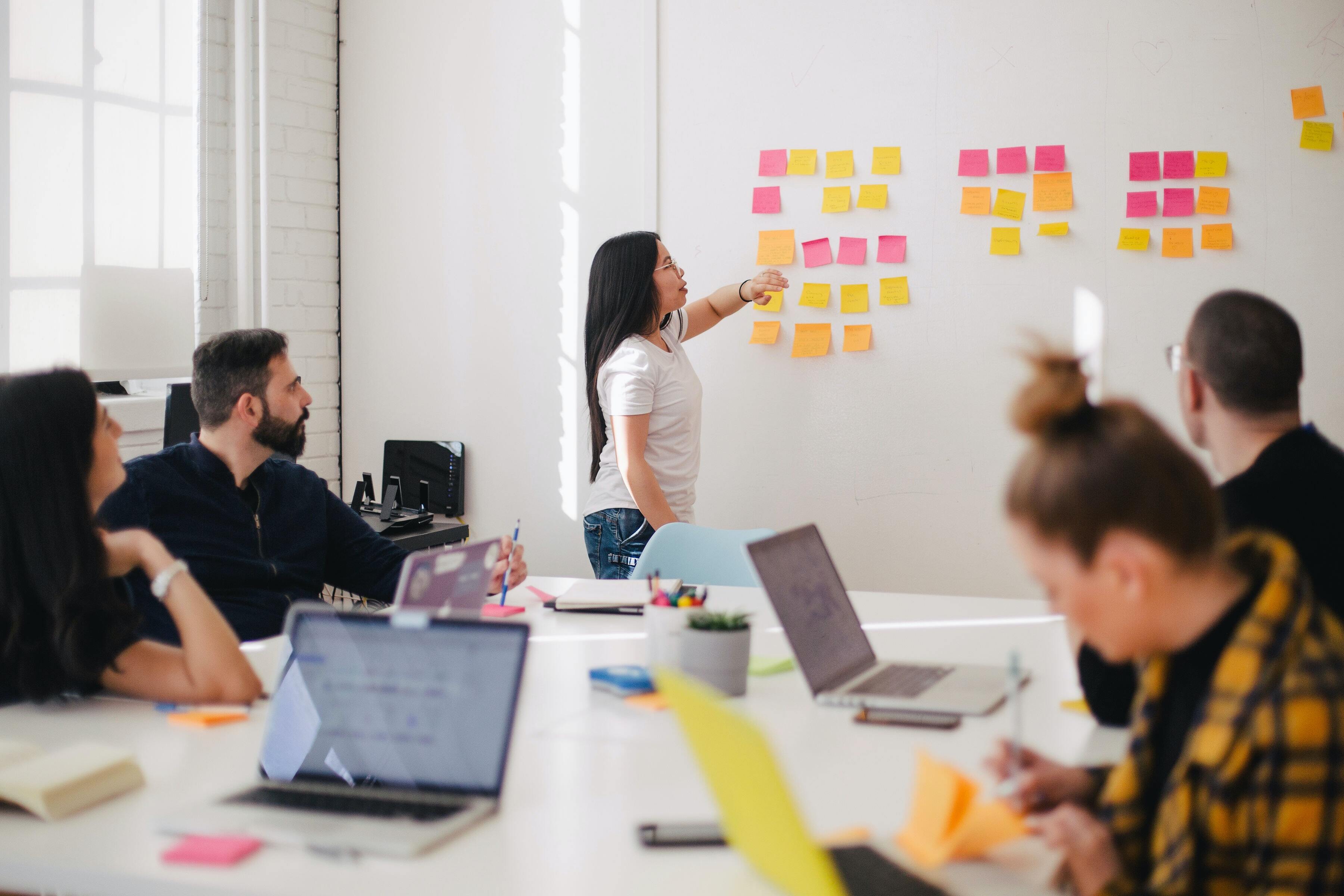 Woman leading meeting at whiteboard