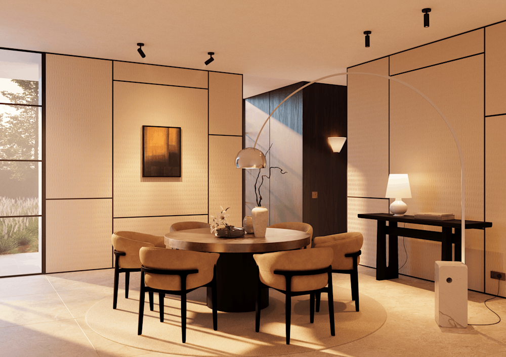 decoratieve elementen - eetkamer - nmc - Noël & Marquet - ARSTYL, WALLSTYL - BOHEMIA,FL15 - bruin - Ronde tafel, panelen, designlamp