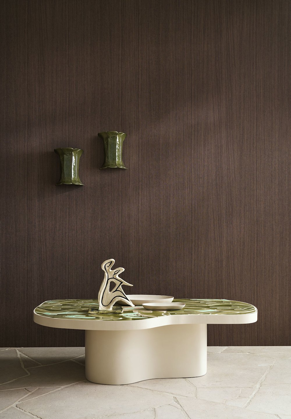 behang - woonkamer - Casamance - Lanzea - 75763772  -  bruin - zwart - Donker houtbehang, organische tafel, keramiek