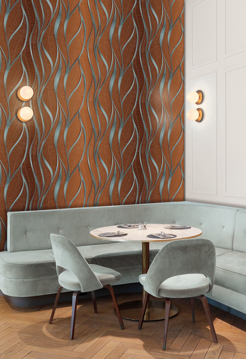 behang - eetkamer - Masureel - Ray - DGRAY101 - roest - bruin - blauw - warm behang met golvend patroon