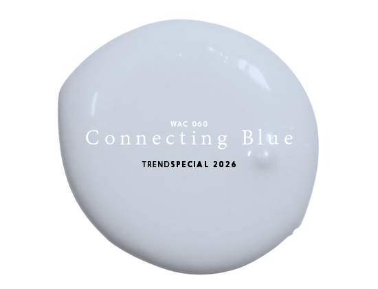 Een lichtblauwe verfdruppel met de tekst "WAC 060 Connecting Blue TRENDSPECIAL 2026" op een witte achtergrond.