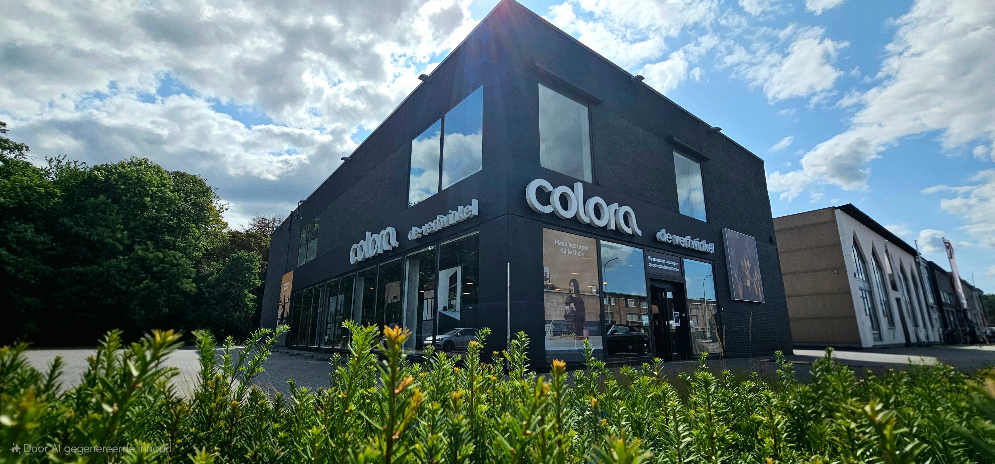 Een modern commercieel gebouw van twee verdiepingen met grote ramen en "colora" bewegwijzering, omgeven door groen onder een gedeeltelijk bewolkte hemel.