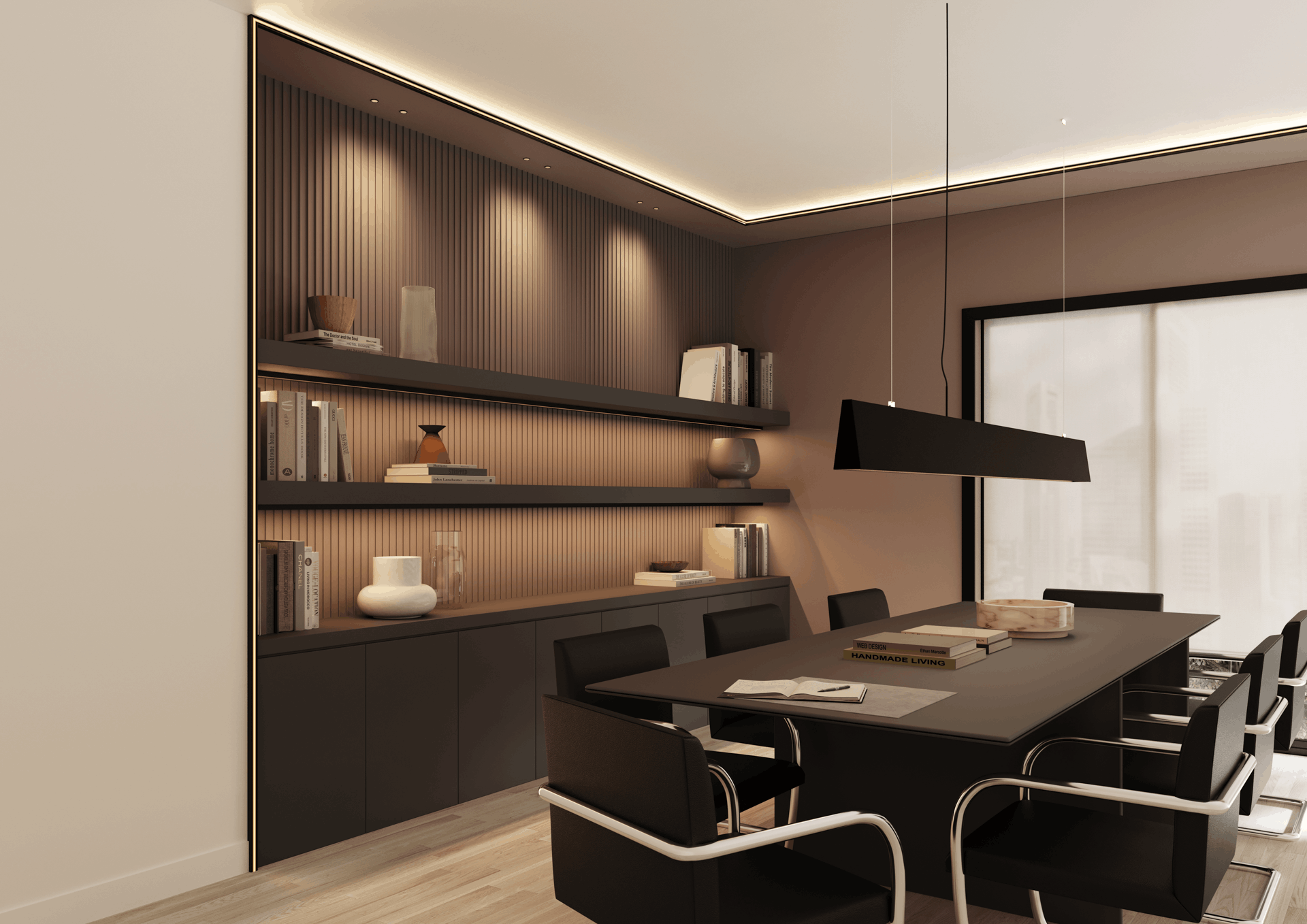 decoratieve elementen - werkkamer - nmc - Noël & Marquet - ARSTYL, WALLSTYL - IL12,FL9,DORIQUE - bruin - wit - bruintinten, lattenwand, indirect licht