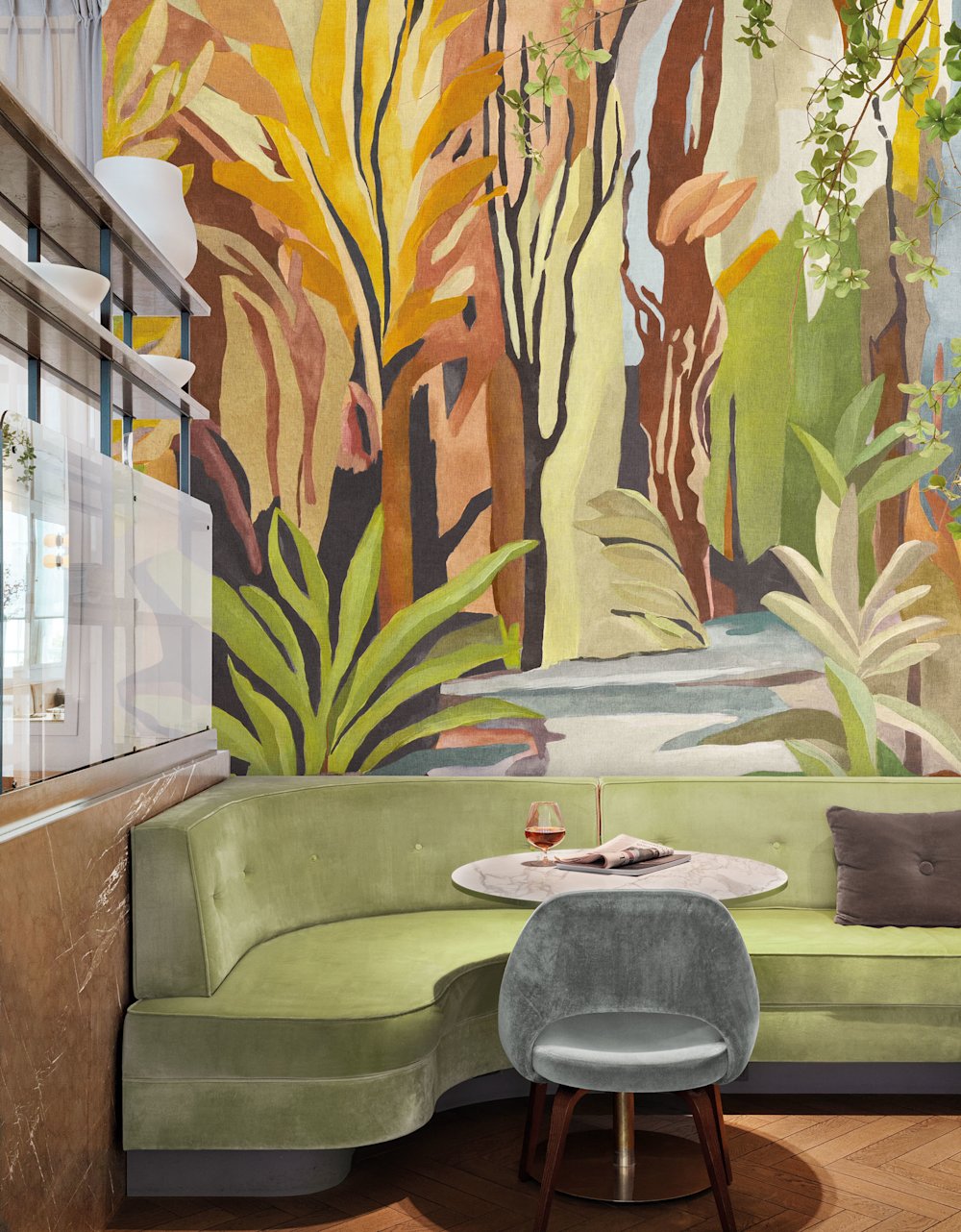 behang - eetkamer - Masureel - Ray - DGRAY2021-2024 - olijfgroen - limoengroen - okergeel - bruin - beige - lichtblauw - botanisch behang met groen en geel