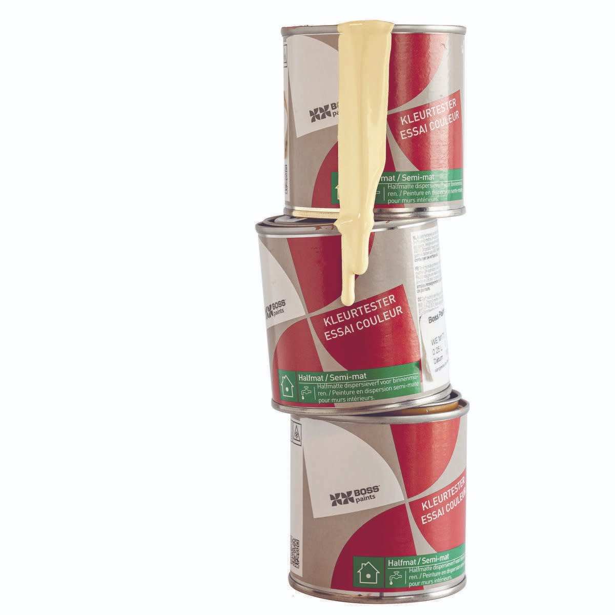 3 kleine verfpotjes op mekaar gestapeld met gele verf die erlangs loopt