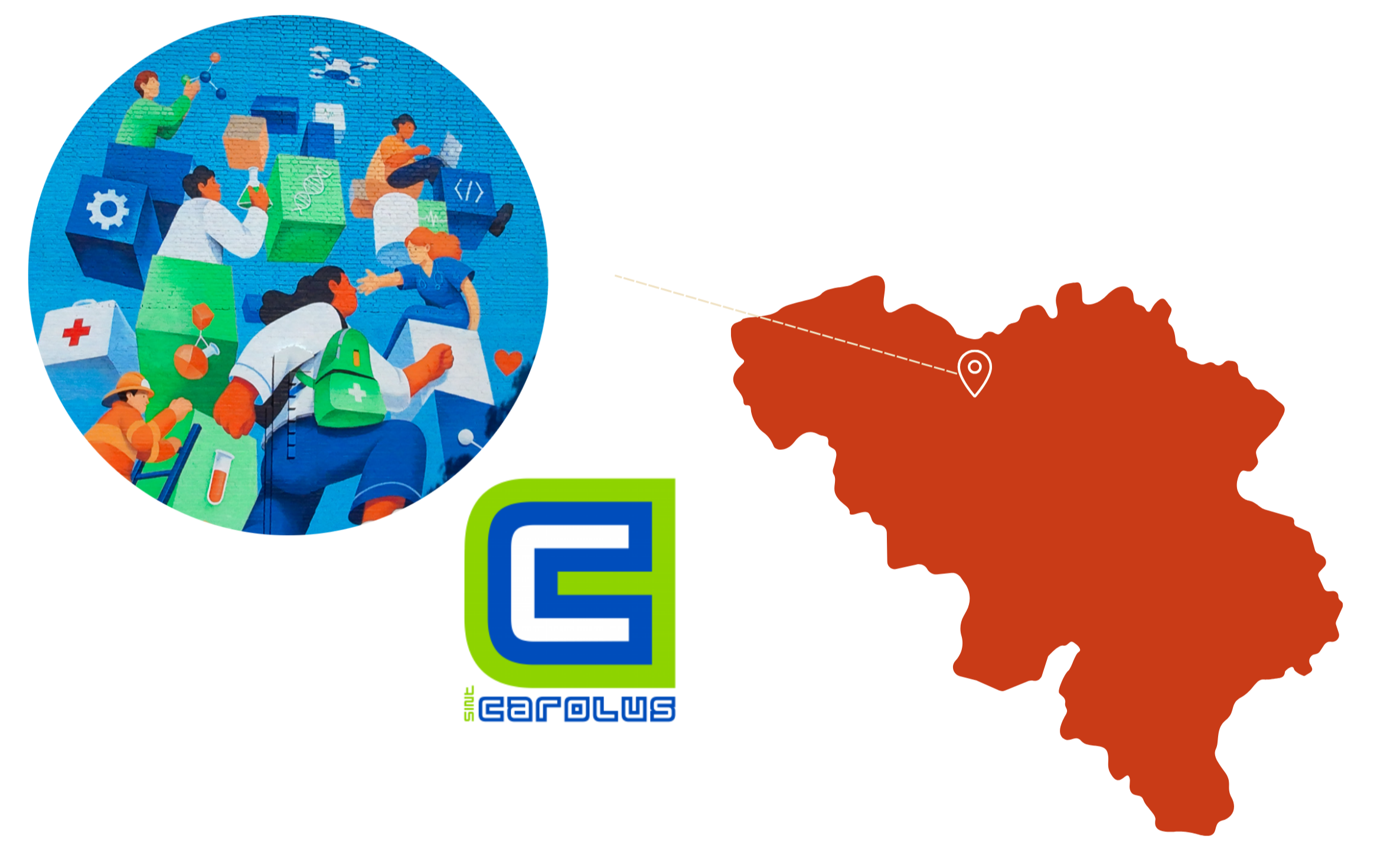 Afbeelding van zorgmedewerkers, tandwielen en medische pictogrammen, met het Carolus-logo en een kaart van België waarop een locatie is gemarkeerd.