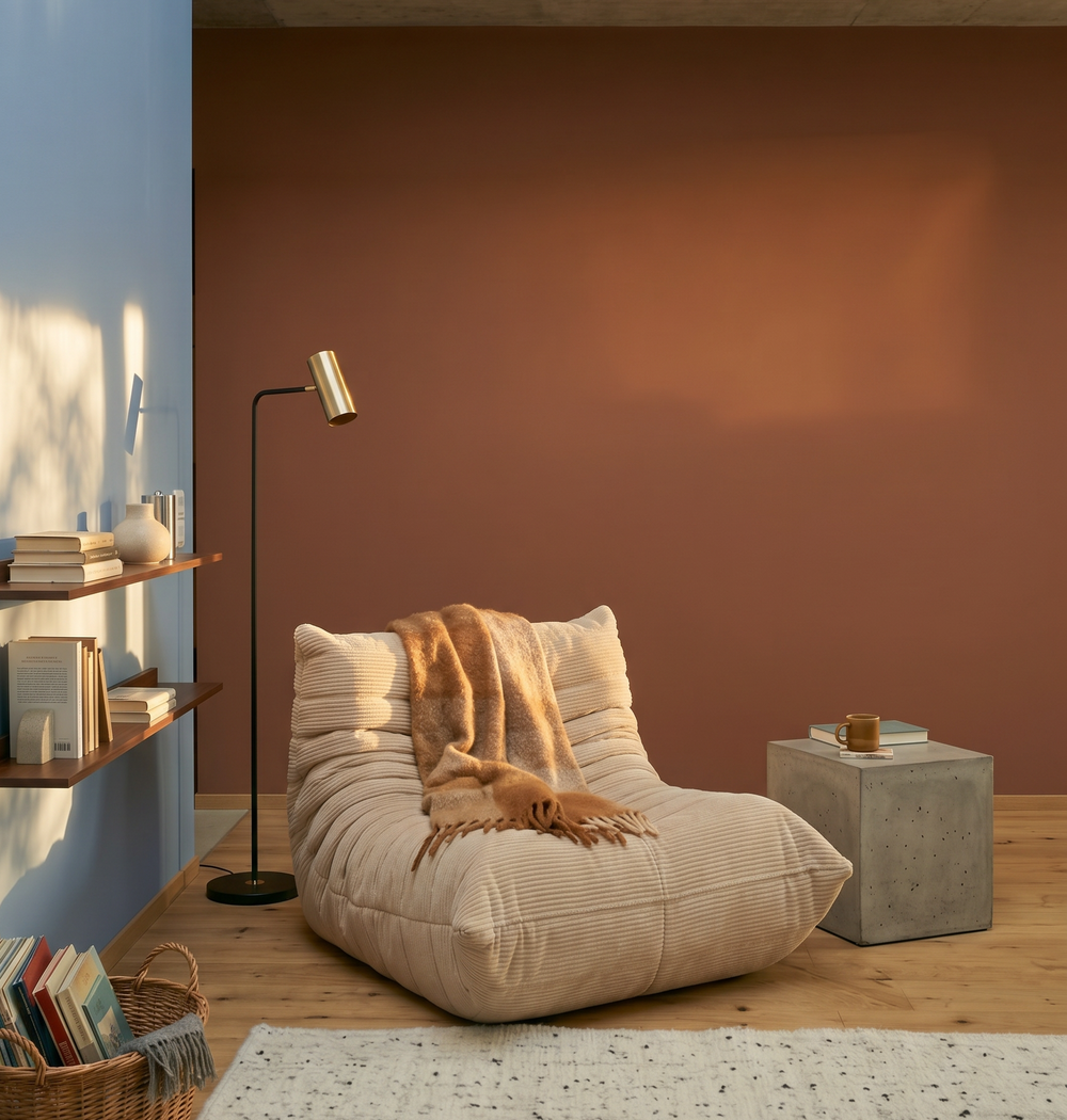 couleur - pièce à vivre - Fauteuil, mur en terre cuite, lampadaire - WE M100 - WAC 060 - bossflow silk - wave3 2026 journées promotionnelles 