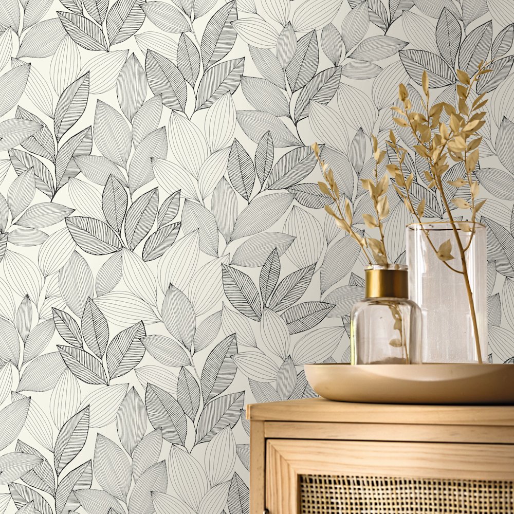 papier peint - salon - Casalio - Moonlight 3 - 107150251  - noir - gris - noir - Motif fin en forme de feuilles, charme naturel