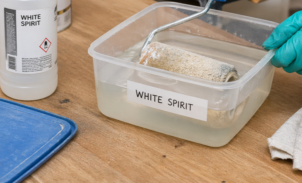 Een persoon met groenblauwe handschoenen maakt een verfroller schoon in een plastic bakje met de tekst "WHITE SPIRIT" op een houten tafel, met een fles terpentine, verfblikken en een doek in de buurt.