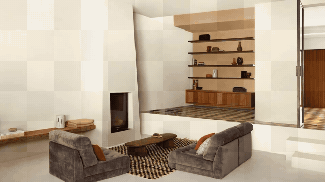 Moderne woonkamer met twee grijze fauteuils, een lage houten tafel, ingebouwde rekken met decor en een verhoogd gedeelte met geruite vloer.