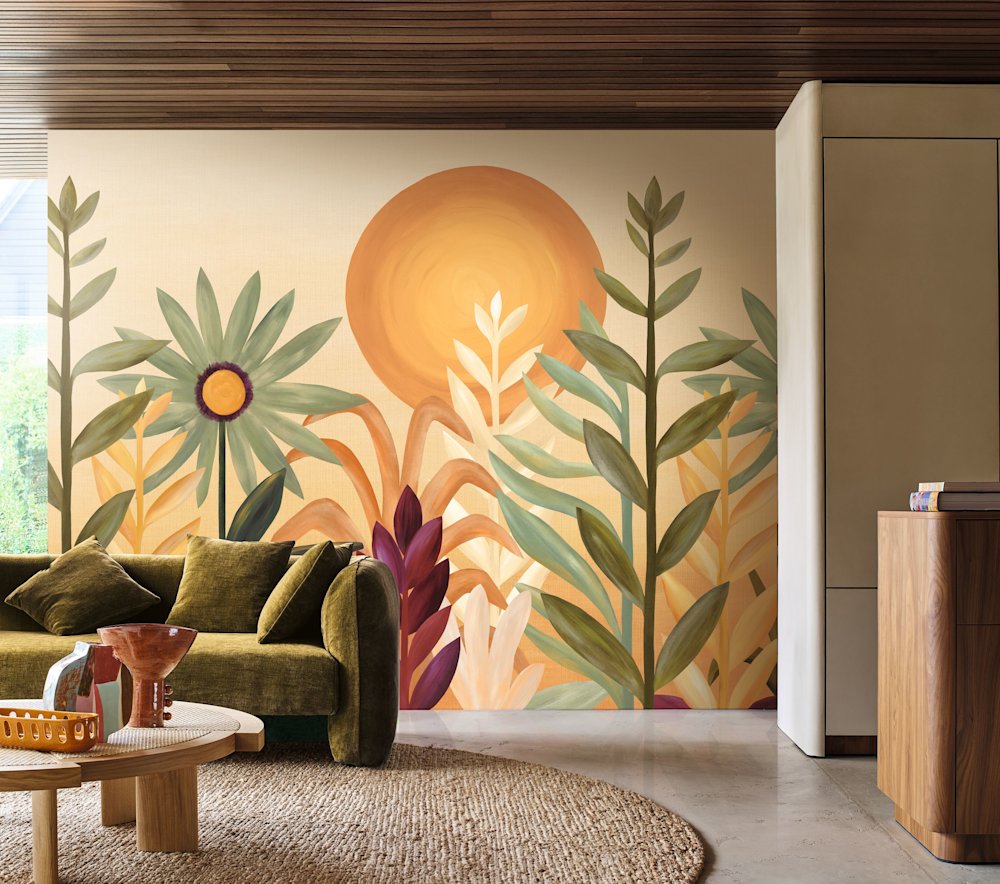 papier peint - salon - Casamance - Lanzea - 75814180 - vert - jaune - blanc - Peinture murale plantes, soleil chaud, salon rétro