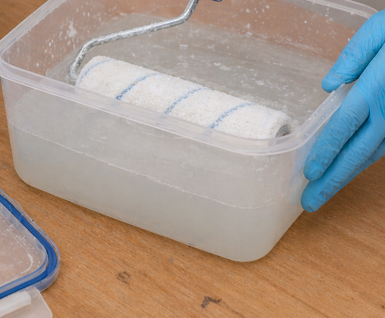 Een persoon met groenblauwe handschoenen maakt een verfroller schoon in een plastic bakje met water in op een houten tafel en een doek in de buurt.