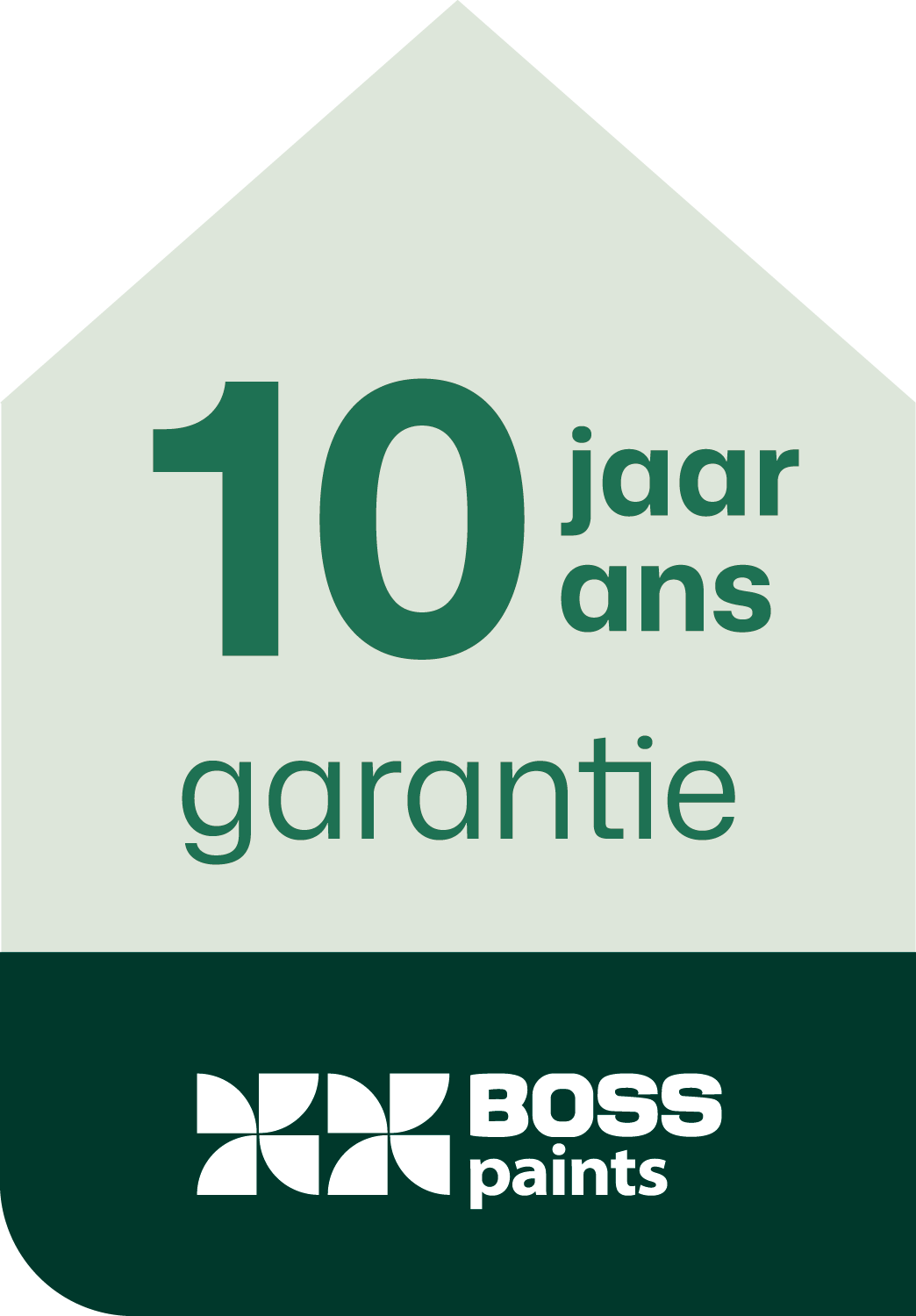 Une image représentant une maison avec le texte « 10 ans de garantie » et le logo « BOSS paints », qui fait référence à la garantie de 10 ans offerte par BOSS paints sur les façades.